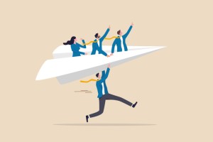 Mentor or support employee to success, manager to help or advice staff to reach goal, work coaching or adviser expert concept, businessman manager launching paper plane origami with team colleagues.