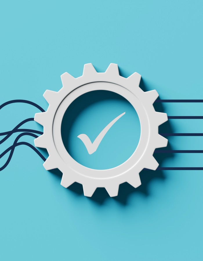 Workflow optimization process creating order out of chaos Gear with a checkmark transforming tangled lines into straight arrows, symbolizing business efficiency, process improvement, workflow optimization, and problem solving.